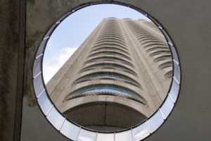 A Montreal tower shot from below through a hole